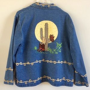 Denim Jean Jacket with Desert Cactus Appliqué - Blue
